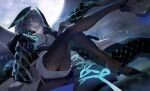  1girl aqua_eyes aqua_wings arknights between_breasts black_pantyhose breasts ccclann cityscape coat dress fingerless_gloves full_body full_moon gloves grey_hair hair_between_eyes head_wings ho&#039;olheyak_(arknights) infection_monitor_(arknights) long_tail looking_at_viewer medium_hair moon moonlight multicolored_coat open_clothes open_coat pantyhose pencil_dress scales shoes snake_tail solo strap_between_breasts tail two-tone_coat two-tone_wings white_gloves wings 