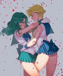  arutera bad_id bad_pixiv_id banned_artist bishoujo_senshi_sailor_moon blonde_hair blue_eyes blue_sailor_collar earrings gloves green_hair highres jewelry kaiou_michiru leg_between_thighs long_hair magical_girl multiple_girls outer_senshi petals sailor_collar sailor_neptune sailor_senshi sailor_senshi_uniform sailor_uranus short_hair skirt ten'ou_haruka very_short_hair white_gloves yuri 