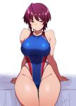  1girl batta_16-sei blue_eyes blue_one-piece_swimsuit breasts groin highres large_breasts multicolored_clothes multicolored_swimsuit navel one-piece_swimsuit original purple_hair sitting solo swimsuit thick_thighs thigh_gap thighs 