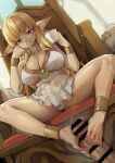  bar_censor bare_legs barefoot blonde_hair book bracelet breasts brown_eyes censored chair cleavage collarbone commission covered_nipples cup dress elf footjob frilled_dress frills gold_bracelet hand_on_own_cheek hand_on_own_face highres holding holding_book holding_cup indoors jewelry large_breasts large_penis long_hair looking_at_viewer penis pixiv_commission pointy_ears serie_(sousou_no_frieren) sitting smile sousou_no_frieren spread_legs steam tamada_heijun teacup thighs toes trembling twitching_penis veins veiny_penis 