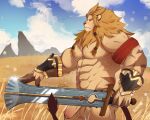  1boy abs absurdres afk_arena afk_journey animal_ears bara blue_sky brutus_(afk_arena) claws cloud cloudy_sky drawreshi english_commentary field furry furry_male grasslands highres holding holding_sword holding_weapon lion_boy lion_ears lion_mane lion_tail male_focus mountain nude pectorals penis profile sky sword tail testicles weapon 