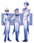  3boys absurdres alternate_costume antinomy bad_id bad_lofter_id belt black_belt blonde_hair blue_background blue_eyes blue_hair blue_necktie blue_shirt blue_theme blue_vest clenched_hands clipboard coat collared_shirt dress_shirt dress_shoes expressionless formal full_body hand_up highres holding holding_clipboard holding_towel in-franchise_crossover jacket light_smile long_sleeves looking_at_viewer male_focus multicolored_hair multiple_boys naoki_(2rzmcaizerails6) necktie open_clothes open_jacket pants shirt short_hair simple_background sleeve_cuffs spiked_hair standing tailcoat tenjou_kaito towel two-sided_coat two-sided_fabric two-sided_tailcoat vest walking white_coat white_pants white_towel white_vest yu-gi-oh! yu-gi-oh!_5d&#039;s yu-gi-oh!_arc-v yu-gi-oh!_zexal yuugo_(yu-gi-oh!) 