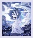  1other cloak cloud crown ded-lime highres hollow_eyes hollow_knight horns pale_king_(hollow_knight) plant robe solo sparkle sparkle_background white_cloak white_robe wings 