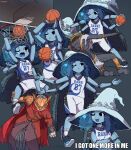  1boy 2girls :d ankle_socks ball basketball basketball_(object) basketball_hoop basketball_uniform blue_hair blue_skin colored_skin d: dress elden_ring extra_arms extra_faces frown goldmask_(elden_ring) hat helmet highres impact_(font) long_dress long_hair malenia_blade_of_miquella miyan_(oceanmaiden) multiple_girls multiple_views one_eye_closed ranni_the_witch shoes shorts simple_background smile sneakers socks sportswear white_socks witch_hat 