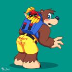 anthro avian backpack banjo-kazooie banjo_(banjo-kazooie) bear bird bottomwear brown_bear clothing duo female feral green_background hi_res kazooie male mammal marker pants rareware simple_background skelly_doll text text_on_bottomwear text_on_clothing text_on_pants ursine