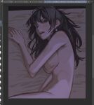  1girl art_program_in_frame black_hair blush breasts chief_(path_to_nowhere) commentary_request completely_nude earrings female_chief_(path_to_nowhere) jewelry large_breasts long_hair looking_at_viewer lying nude okkoooome on_bed on_side open_mouth path_to_nowhere solo 