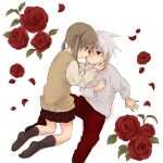  1boy 1girl blush chibi flower hands_on_another&#039;s_face highres imminent_kiss koakana-desu maka_albarn pants plaid plaid_skirt pleated_skirt red_pants rose shirt skirt soul_eater soul_evans sweat sweater twintails white_background white_hair white_shirt 