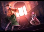  green_eyes hat highres komeiji_koishi komeiji_satori letterboxed long_skirt multiple_girls pink_hair rerrere short_hair siblings sisters skirt smile stairs sunset third_eye touhou wide_sleeves 