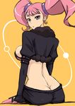  :o ao-tombo ass breasts butt_crack captain_earth earrings fur_coat garter_straps hoop_earrings jewelry large_breasts long_hair long_sleeves looking_back moco_(captain_earth) orange_background pink_hair pink_legwear purple_eyes shiny shiny_hair shorts sitting solo thighhighs twintails 