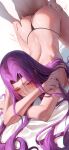  1boy 1girl absurdres all_fours black_panties blush clothing_aside fate/stay_night fate_(series) hetero highres long_hair medusa_(fate) medusa_(rider)_(fate) panties panties_aside purple_eyes purple_hair rororo sex sex_from_behind solo_focus top-down_bottom-up topless underwear very_long_hair 
