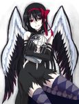  akemi_homura akuma_homura argyle argyle_legwear bare_shoulders black_dress black_gloves black_hair bow cage choker dress elbow_gloves feathered_wings gloves hair_bow highres idora_(idola) long_hair looking_at_viewer mahou_shoujo_madoka_magica mahou_shoujo_madoka_magica_movie purple_eyes seiza sitting smile solo spoilers thighhighs wings zettai_ryouiki 