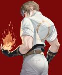  1boy absurdres alternate_color ass belt brown_hair fenglansishui fingerless_gloves fire from_behind gakuran gloves hand_up headband highres kusanagi_kyou looking_at_viewer looking_back male_focus muscular muscular_male official_alternate_color pants profile pyrokinesis red_background school_uniform short_hair short_sleeves solo the_king_of_fighters veins veiny_arms 