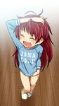  blush bottomless closed_eyes from_above full_body hair_down hand_on_own_head highres long_hair mahou_shoujo_madoka_magica messy_hair open_mouth red_hair sakura_kyouko sat-c slippers solo standing sweater tears yawning 