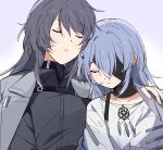  2girls black_blindfold black_choker black_hair black_shirt blindfold blue_hair chief_(path_to_nowhere) choker closed_eyes coat coat_on_shoulders collared_shirt dream_catcher female_chief_(path_to_nowhere) grey_coat hand_on_another&#039;s_shoulder head_on_another&#039;s_shoulder heads_together hecate_(path_to_nowhere) highres long_hair multiple_girls one_eye_covered parted_lips path_to_nowhere purple_background sappazell shirt simple_background sleeping sleeping_on_person upper_body white_shirt 