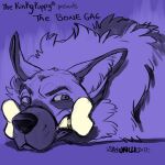 2017 ambiguous_gender anthro blue_background bone bone_in_mouth canid english_text fur gag gagged inner_ear_fluff lying mammal on_front sayuncle signature simple_background solo text tuft