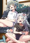  2girls alternate_costume black_shirt blue_eyes blue_hair braid can controller couch earrings fang game_controller gamepad girls&#039;_frontline green_hair grey_hair heterochromia jewelry kagami_(haret46) mag-7_(girls&#039;_frontline) multicolored_hair multiple_braids multiple_girls open_mouth orange_eyes playing shirt shorts sitting skin_fang smile streaked_hair sweatdrop twintails white_shirt zip.22_(girls&#039;_frontline) 