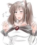  animal_ears bare_shoulders blush breasts brooch brown_hair cleavage collarbone fangs fingernails imaizumi_kagerou jewelry kamiya_(amamiko) large_breasts long_fingernails long_sleeves mole open_mouth red_eyes sharp_fingernails simple_background sketch solo text_focus touhou upper_body white_background wolf_ears 