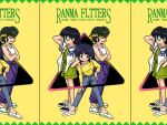  bandana blue_eyes closed_mouth crossed_arms glasses green_shorts hibiki_ryouga mousse_(ranma_1/2) multiple_boys ranma_1/2 short_hair shorts smile spread_legs tendou_akane triangle wanta_(futoshi) white_footwear yellow_background yellow_bandana 