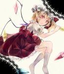 1girl blonde_hair bow crystal_wings dress flandre_scarlet frilled_dress frills full_body hat highres looking_at_viewer medium_hair mob_cap open_mouth poteimo_(poteimo622) puffy_short_sleeves puffy_sleeves red_bow red_dress red_eyes short_sleeves simple_background socks solo touhou white_background 