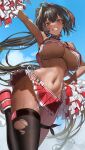  1girl areola_slip armpits bare_arms bare_shoulders bay_(nikke) black_hair black_thighhighs blush day from_below goddess_of_victory:_nikke grey_eyes grin hair_intakes highres holding holding_pom_poms looking_at_viewer microskirt mole mole_on_stomach mole_on_thigh mole_under_eye mole_under_mouth multicolored_hair navel outdoors panties parted_lips pleated_skirt pom_pom_(cheerleading) red_footwear red_hair red_skirt side-tie_panties single_thighhigh skirt smile solo stomach streaked_hair sweat teeth thigh_strap thighhighs thighs torn_clothes torn_thighhighs underwear white_panties yukiman1056 