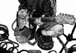  1boy bandaid bandaid_on_leg black_footwear black_jacket electric_guitar faceless faceless_male greyscale guitar highres holding holding_guitar holding_instrument holding_plectrum instrument jacket mettaflix monochrome original plectrum shorts 