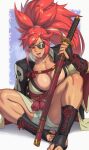  1girl amputee armor baiken big_hair black_footwear black_jacket breasts cleavage eyepatch facial_mark guilty_gear guilty_gear_xrd highres holding holding_sword holding_weapon huge_breasts jacket jacket_on_shoulders japanese_armor japanese_clothes katana kimono kote lips long_hair obi one-eyed open_clothes open_jacket ponytail red_eyes red_hair riz rope sandals sash scar scar_across_eye scar_on_face sheath sheathed shimenawa sitting solo sweat sword veins veiny_breasts weapon white_kimono 