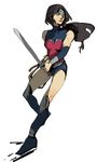  1girl amazon armor black_hair dc_comics detached_sleeves full_body lasso leotard lowres ponytail simple_background sleeveless sword thighhighs tiara vambraces weapon white_background wonder_woman wonder_woman_(series) 