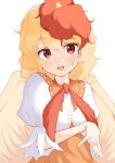  1girl :d animal_on_head bird bird_on_head bird_wings blonde_hair chick commentary_request dress feathered_wings highres iyo_mamoru multicolored_hair neckerchief niwatari_kutaka on_head open_mouth orange_dress puffy_short_sleeves puffy_sleeves red_eyes red_hair red_neckerchief shirt short_hair short_sleeves smile solo touhou two-tone_hair wavy_hair white_shirt wings yellow_wings 
