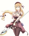  1girl absurdres agnes_claudel bag beret blonde_hair braid braided_bun breasts double-parted_bangs eiyuu_densetsu floating_hair green_eyes hair_between_eyes hair_bun handbag hat highres holding holding_staff holding_weapon jewelry kuro_no_kiseki looking_at_viewer low_ponytail mage_staff medium_breasts nyuusai pendant sidelocks simple_background single_side_bun smile solo staff thighhighs weapon white_background 
