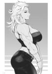  1girl absurdres breasts commentary cowboy_shot dorohedoro from_side greyscale highres large_breasts medium_hair midriff monochrome muscular muscular_female noi_(dorohedoro) pants profile smile solo speedl00ver strapless tube_top 