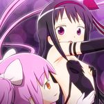  absurdly_long_hair akemi_homura akuma_homura armpits bare_shoulders black_dress black_gloves black_hair bow breasts dress elbow_gloves gloves hair_bow highres kaname_madoka long_hair looking_at_another mahou_shoujo_madoka_magica mahou_shoujo_madoka_magica_movie multiple_girls purple_eyes sat-c small_breasts smile spoilers surprised two_side_up ultimate_madoka very_long_hair yellow_eyes yuri 