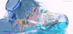  1boy absurdres androgynous aqua_theme arknights arm_on_table arm_pillow blue_hair blue_ribbon blue_sailor_collar blue_theme bottle chromatic_aberration closed_mouth copyright_name crossed_bangs english_text gradient_hair hair_between_eyes hair_ornament hair_spread_out hairpin hat head_on_arm highres long_sleeves mizuki_(arknights) multicolored_hair multiple_hairpins otoko_no_ko reflection reflective_table ribbon sailor_collar sailor_hat sailor_shirt shirt solo water z3zz4 