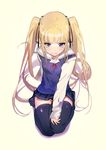  black_legwear blonde_hair blue_eyes blush kneeling long_hair long_sleeves saenai_heroine_no_sodatekata sawamura_spencer_eriri school_uniform skirt solo thighhighs twintails very_long_hair yellow_background zis 