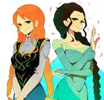  anna_(frozen) anna_(frozen)_(cosplay) bad_id bad_pixiv_id black_hair braid breasts cosplay dress elsa_(frozen) elsa_(frozen)_(cosplay) frozen_(disney) green_eyes komomo1214 long_hair looking_at_viewer medium_breasts multiple_girls nami_(one_piece) nico_robin one_piece orange_hair petals single_braid smile twin_braids 