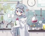  1girl :d animal_ears black_choker blue_hair blue_sailor_collar blue_skirt blush bow bowtie bunsen_burner cat_ears cat_girl cat_tail chalkboard choker clock coat counter cowboy_shot day ear_piercing ena_1510 fish_hair_ornament flask from_side goggles goggles_on_head hair_between_eyes hair_ornament hairpin highres holding_vial indoors lab_coat laboratory long_sleeves looking_at_viewer miniskirt open_clothes open_coat open_mouth original piercing pleated_skirt red_bow red_bowtie red_eyes round-bottom_flask sailor_collar school_uniform serafuku shirt short_hair sidelocks skirt smile solo tail twitter_username white_coat white_shirt window 