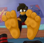 3_toes absurd_res anthro bed bedroom canid canine clothing feet foot_fetish foot_focus footwear furniture hi_res male mammal mr_fuwa paws poster question_mark shoes soles solo toes