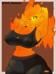 absurd_res big_breasts big_butt bodily_fluids bra breasts butt clothing elemental_creature elemental_humanoid fire flam3s hi_res huge_breasts humanoid sports_bra sportswear sweat sweatdrop thick_thighs tight_clothing tight_fit underwear