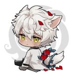  1boy a-37 animal_ears bandaid bandaid_on_cheek bandaid_on_face black_pants chibi closed_mouth coat commentary_request dark-skinned_male dark_skin dog_boy dog_ears dog_tail flot flower from_behind frown full_body hair_between_eyes long_bangs looking_at_viewer looking_back mahjong_soul male_focus pants plant red_flower red_rose rose short_hair sitting solo tail thorns v-shaped_eyebrows vines white_background white_coat white_hair yellow_eyes 