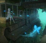  air_conditioner bad_id bad_pixiv_id brick_wall bug building butterfly canal dress glowing_butterfly insect izumi_sai moss original outdoors overgrown pipes plant red_eyes ruins sash scenery silver_hair sitting sleeveless sleeveless_dress solo transparent vines water white_dress 