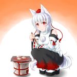  animal_ears bare_shoulders blush breasts dagitsune_yuu detached_sleeves food hat inubashiri_momiji looking_at_viewer medium_breasts pom_pom_(clothes) red_eyes ribbon-trimmed_sleeves ribbon_trim sandals short_hair silver_hair sitting skirt smile solo tail tokin_hat touhou wolf_ears wolf_tail 