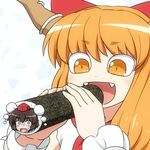  blonde_hair bow brown_eyes brown_hair fangs food giantess hair_bow hat hat_ribbon ibuki_suika makizushi multiple_girls oni_horns open_mouth pom_pom_(clothes) ribbon setsubun shameimaru_aya shirosato shocked_eyes smile sushi sweat tokin_hat touhou yellow_eyes 