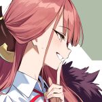  1girl aru_(blue_archive) blue_archive blush brown_horns collared_shirt highres horns index_finger_raised long_hair neck_ribbon profile red_hair red_ribbon ribbon shirt smile solo sweatdrop upper_body white_shirt xiaoxiao_de_kuangsan yellow_eyes 