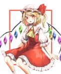  1girl ascot blonde_hair cowboy_shot crystal_wings dress flandre_scarlet hat hat_ribbon highres looking_at_viewer medium_hair mob_cap open_mouth pointy_ears puffy_short_sleeves puffy_sleeves red_dress red_eyes red_ribbon ribbon short_sleeves side_ponytail simple_background solo touhou white_background yellow_ascot yukiwari_(warr4854) 