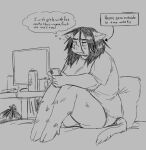 bed bedroom black_hair blush blush_lines clothed clothing dialogue electronics female furniture hair hooves looking_at_object looking_at_phone mammal messy_room millkefats neet on_bed phone sitting sitting_on_bed sketch slightly_chubby solo suid suina sus_(pig) tail text wild_boar