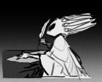  1other black_background cloak ded-lime grey_background greyscale holding holding_quill hollow_eyes hollow_knight horns monochrome pale_king_(hollow_knight) quill robe solo white_cloak white_robe writing 