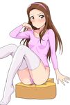  blush breasts brown_hair collarbone covered_nipples hairband highres idolmaster idolmaster_(classic) leotard long_hair looking_at_viewer minase_iori pink_leotard sitting small_breasts smile solo thighhighs tsurui 