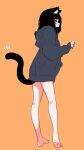  1girl ahoge animal_ear_fluff animal_ears barefoot black_eyes black_hair bottomless cat_ears cat_girl cat_tail commentary emphasis_lines from_behind full_body grey_hoodie heel_up highres hood hoodie megateru orange_background original oversized_clothes sleeves_past_wrists solo tail thighs 