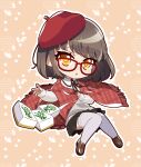  1girl :o beret black_skirt brown_footwear brown_hair brown_ribbon chibi commentary_request flat_chest full_body glasses grey_sweater hat highres long_sleeves looking_at_viewer mahjong_soul mahjong_tile medium_bangs neck_ribbon ninomiya_hana open_mouth orange_background outline plaid_shawl pleated_skirt red-framed_eyewear red_hat red_shawl ribbon sge51 shawl shoes short_hair skirt solo sweater thighhighs white_outline white_thighhighs yellow_eyes 