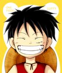 1boy eyes_closed headwear_removed male male_focus monkey_d_luffy one_piece red_vest smile solo stampede_string straw_hat teeth vest 