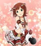  amami_haruka bow brown_hair gloves green_eyes hair_bow highres idolmaster idolmaster_(classic) idolmaster_one_for_all jewelry koiwai_ringo microphone midriff navel necklace official_style short_hair solo trusty_fortune white_gloves 